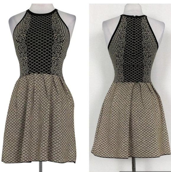 Parker Candice Black & Gold Metallic Knit Pleated Flared Dress Size P (S) - Picture 1 of 16